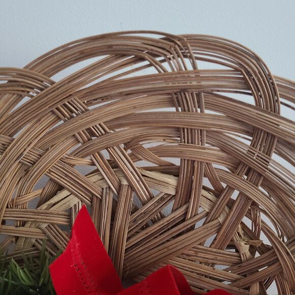 Vintage Wicker Christmas Wreath Wall Hanging With Clay Santa + Greenery + Ribbon - Picture 8 of 10